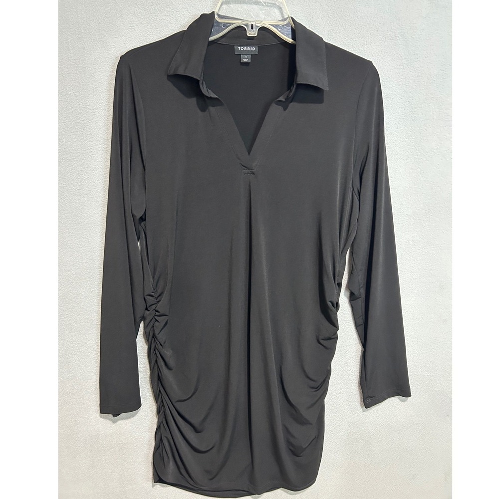 Torrid Tunic Top Womens 1 US 1X Black Ruched Side V-Neck Dark Akademia Office